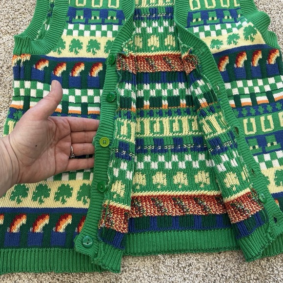 St Patrick's Vest Medium Vintage Eagles Eye Knit Green Shamrocks Button Down - Picture 11 of 12